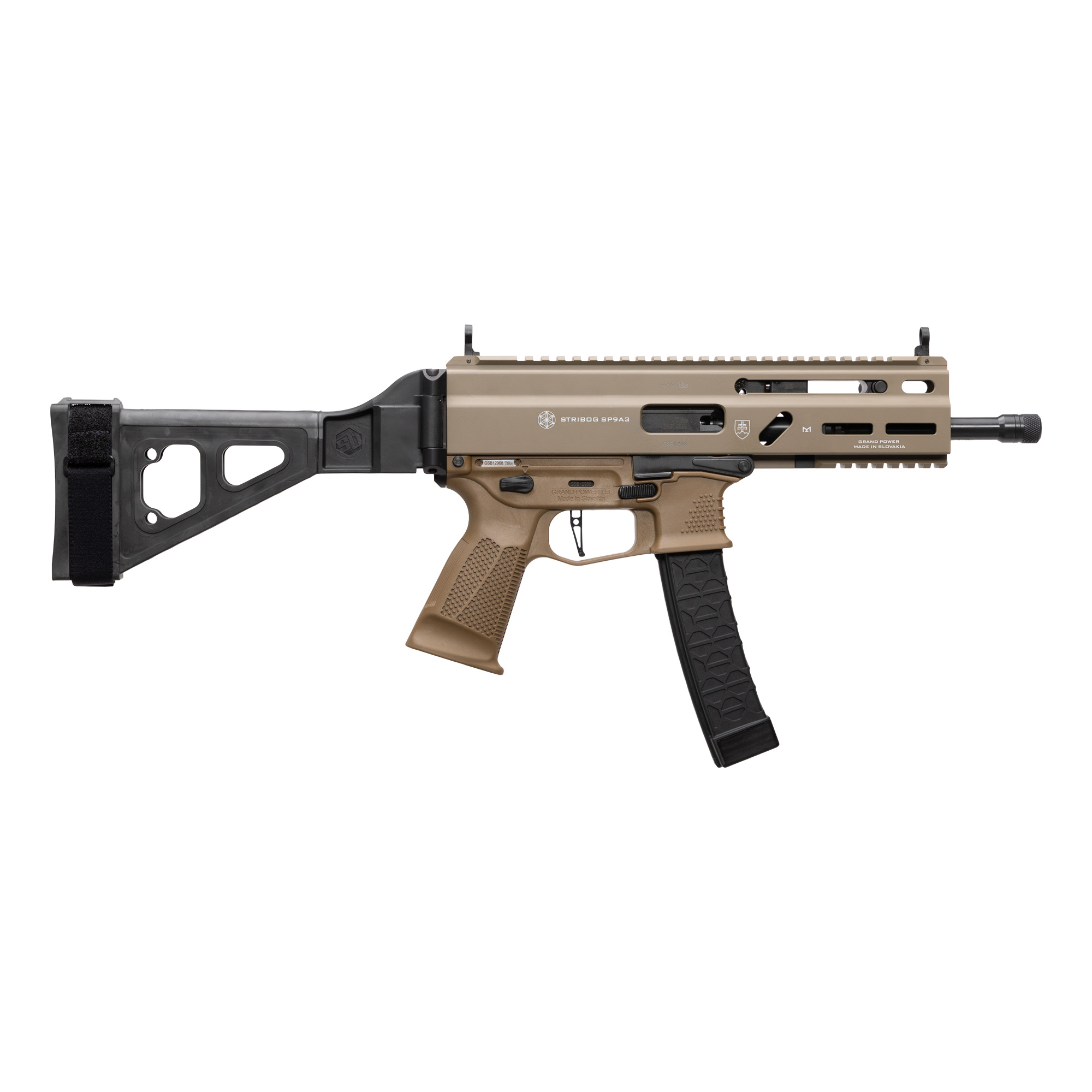 GRAND POWER STRIBOG SP9A3 9MM PISTOL 8" BARREL THREADED RLR DELAYED STRIBOG PATTERN MAG W/ BRACE FDE